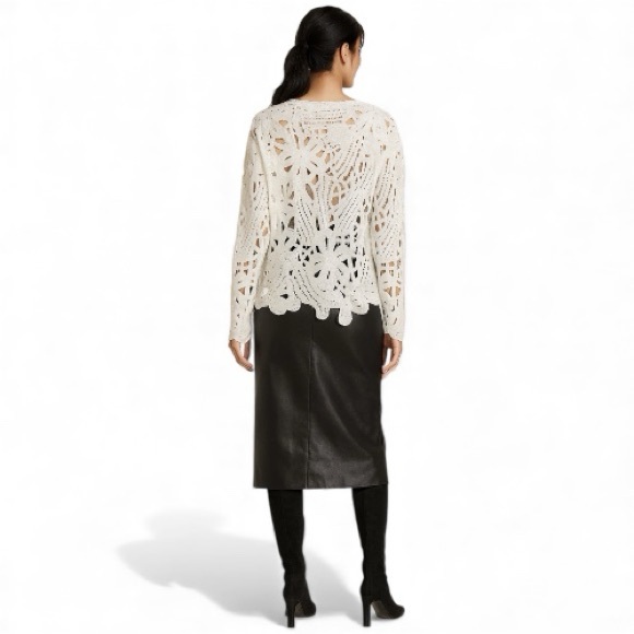 WD·NY Ivory Openwork Crochet Sweater Scalloped Hem Boho Romantic M Holiday Gift - Picture 5 of 11